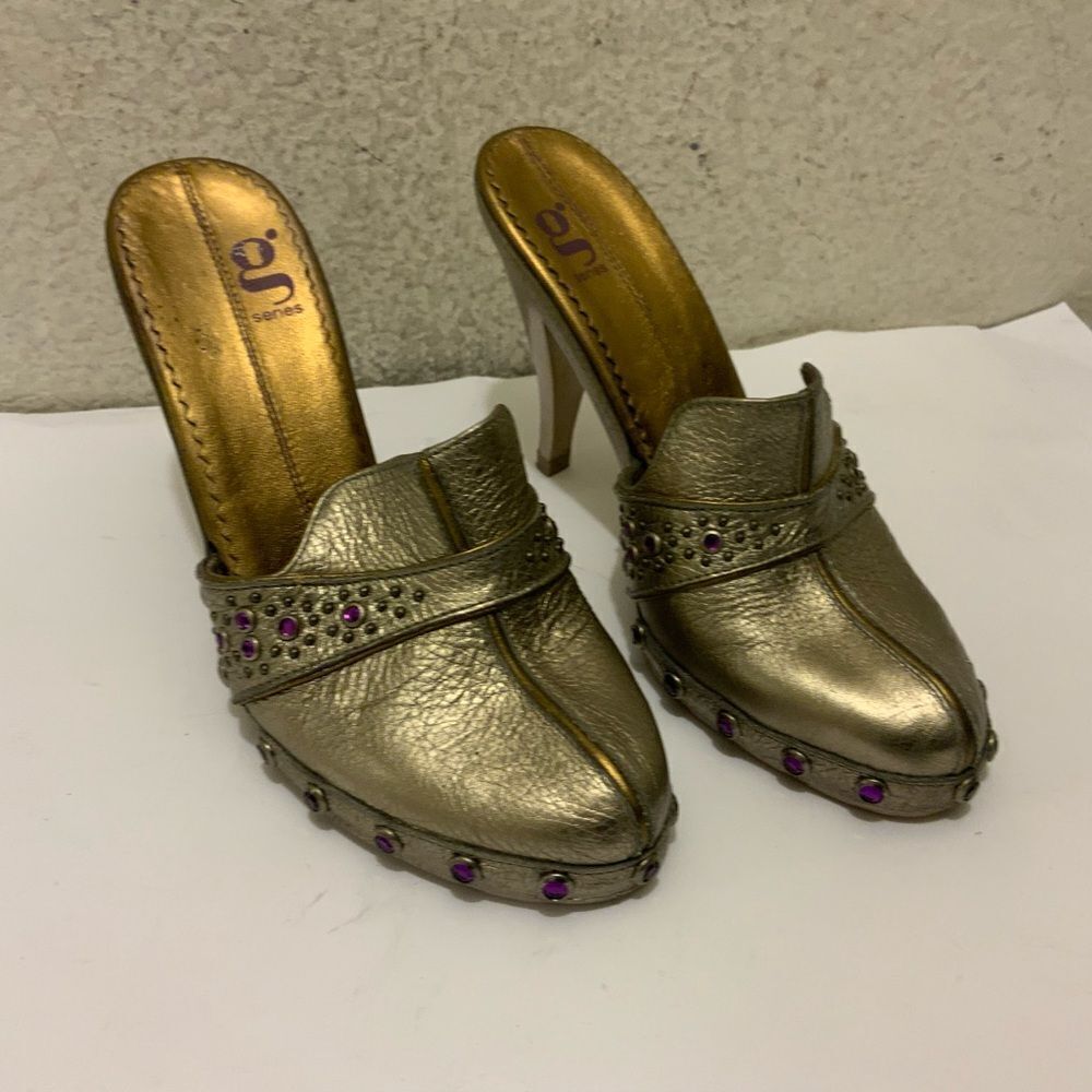 COLE HAAN G Series Metallic Pewter Leather Jeweled Accent Mule Heels 5.5B